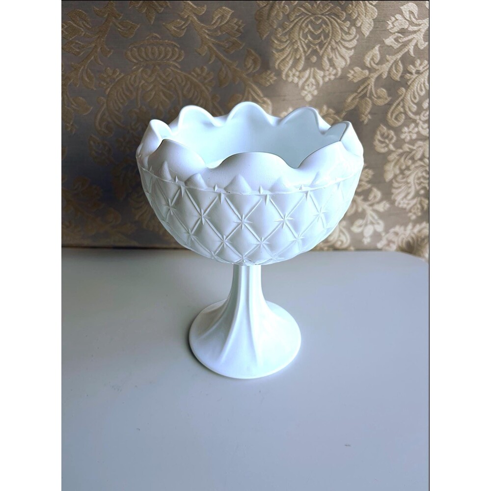Vintage Milk Glass Pedestal Compote Dish Diamond Pattern Scalloped Rim Bowl
